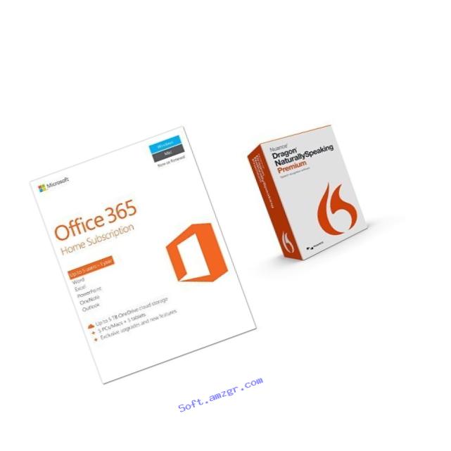 Dragon NaturallySpeaking Premium 13 with Microsoft Office 365 Home 1 Year | 5 PC or 5 Mac Key Card